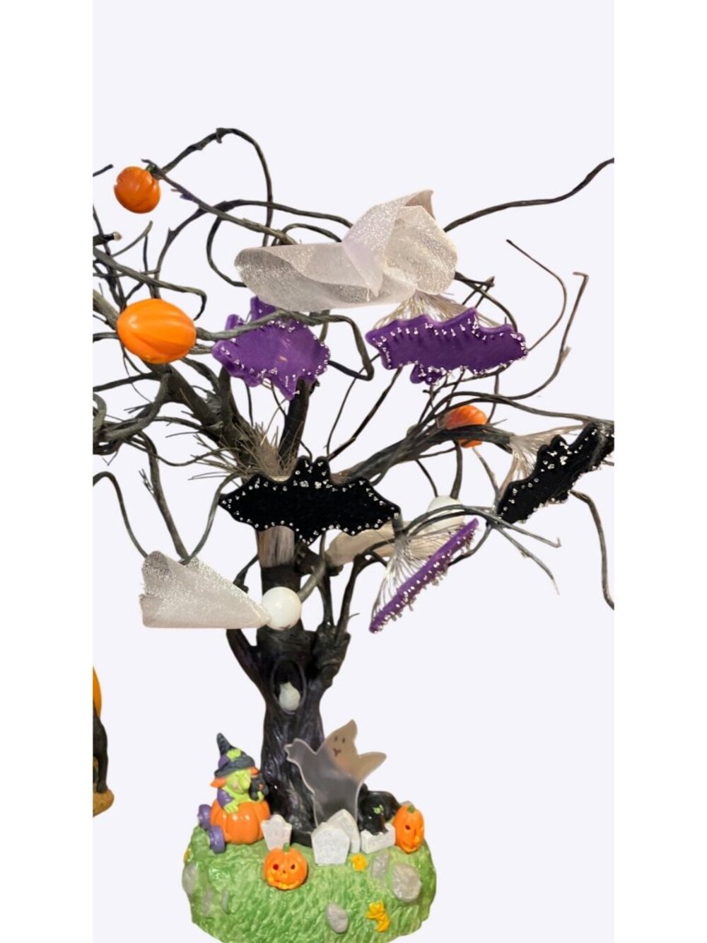 Halloween Tabletop Tree Decoration With  Pumpkins Ghosts and Witch Details